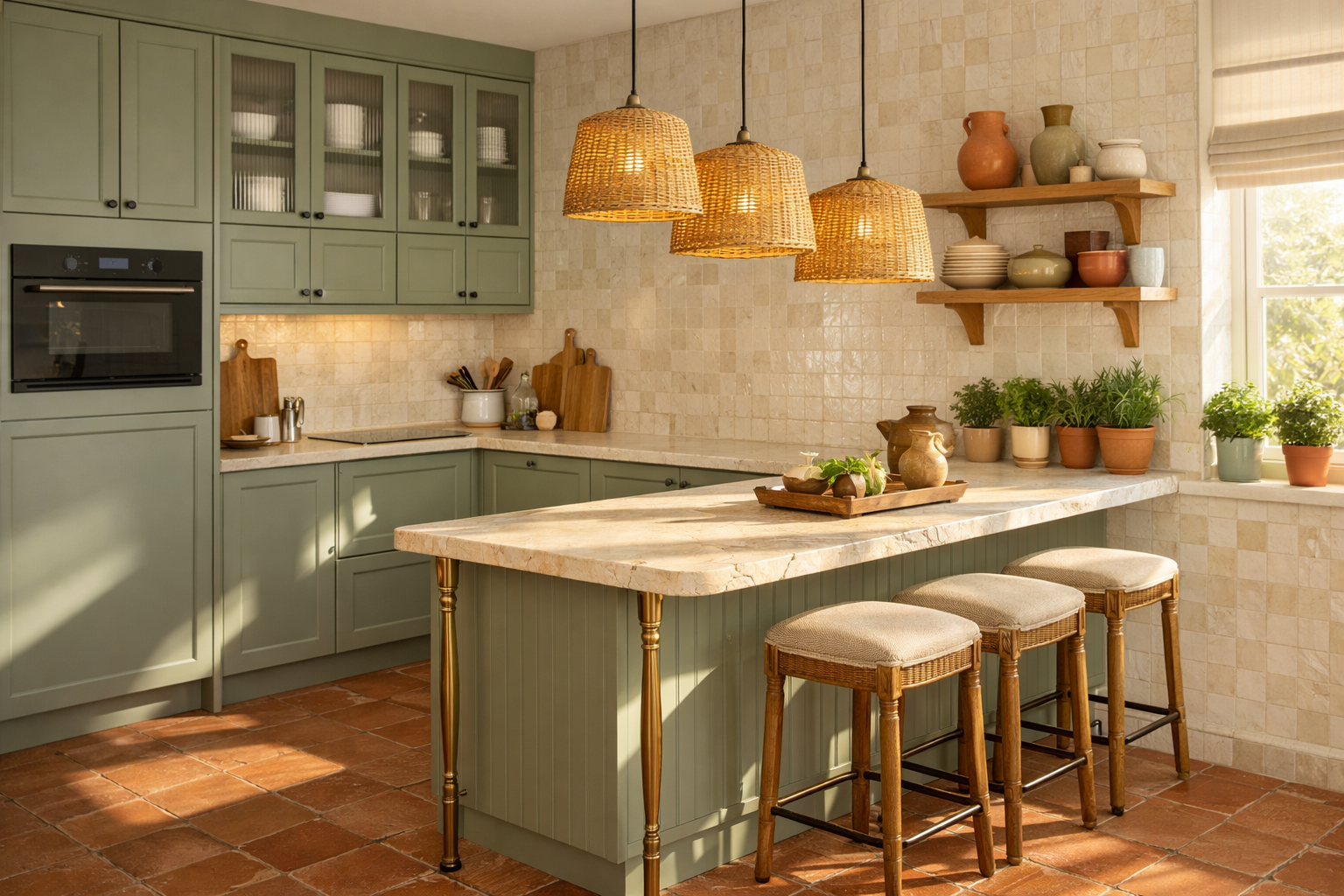 Beşiktaş daire mutfak renovasyonu — adaçayı yeşili dolaplar, kireçtaşı tezgâh ve zellige fayans detayı