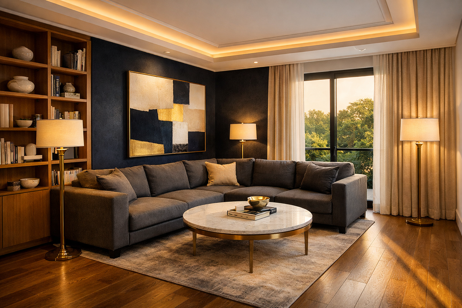 Kadıköy daire renovasyonu tamamlanmış salon görünümü — meşe zemin, lacivert duvar ve doğal aydınlatma